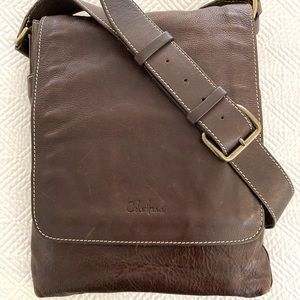 Cole Haan MESSENGER BAG, dark brown, tree compartment, vertical 15” by 10”.